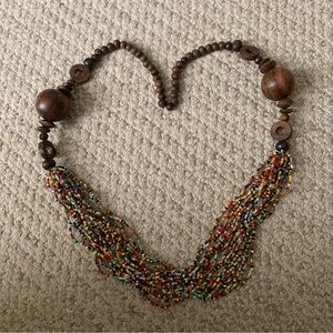 Vintage Glass Seed Beads/Wooden Necklace With 16”l Drop Colorful